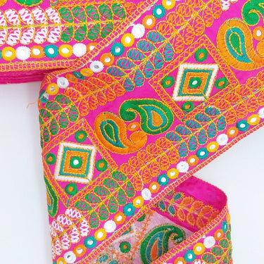 Fuchsia Pink Art Silk Fabric Trim, Paisley Embroidered Trim, Trim By The Yard